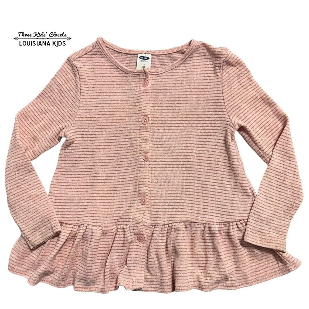 Old Navy 2T Pink & Gold Metallic Striped Peplum Cardigan